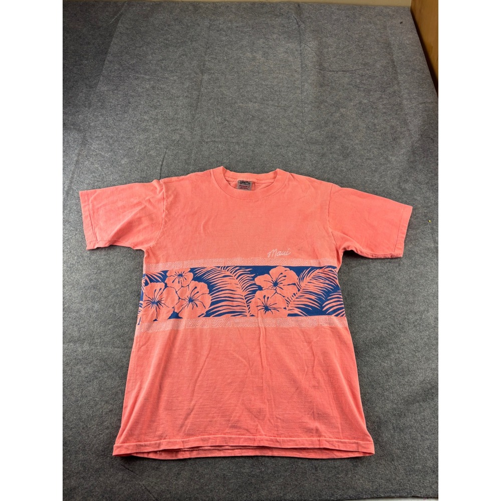 VTG Oneita Power-T Maui Floral Graphic T-Shirt Coral Pink Single Stitch L